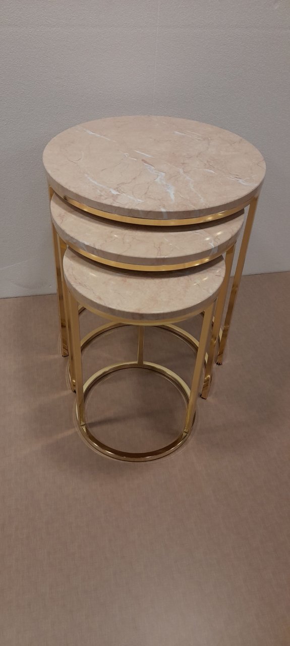 METAL GOLD AYAKLI ÜSTÜ MDF 3LÜ ZİGON SEHPA KREM MERMER
